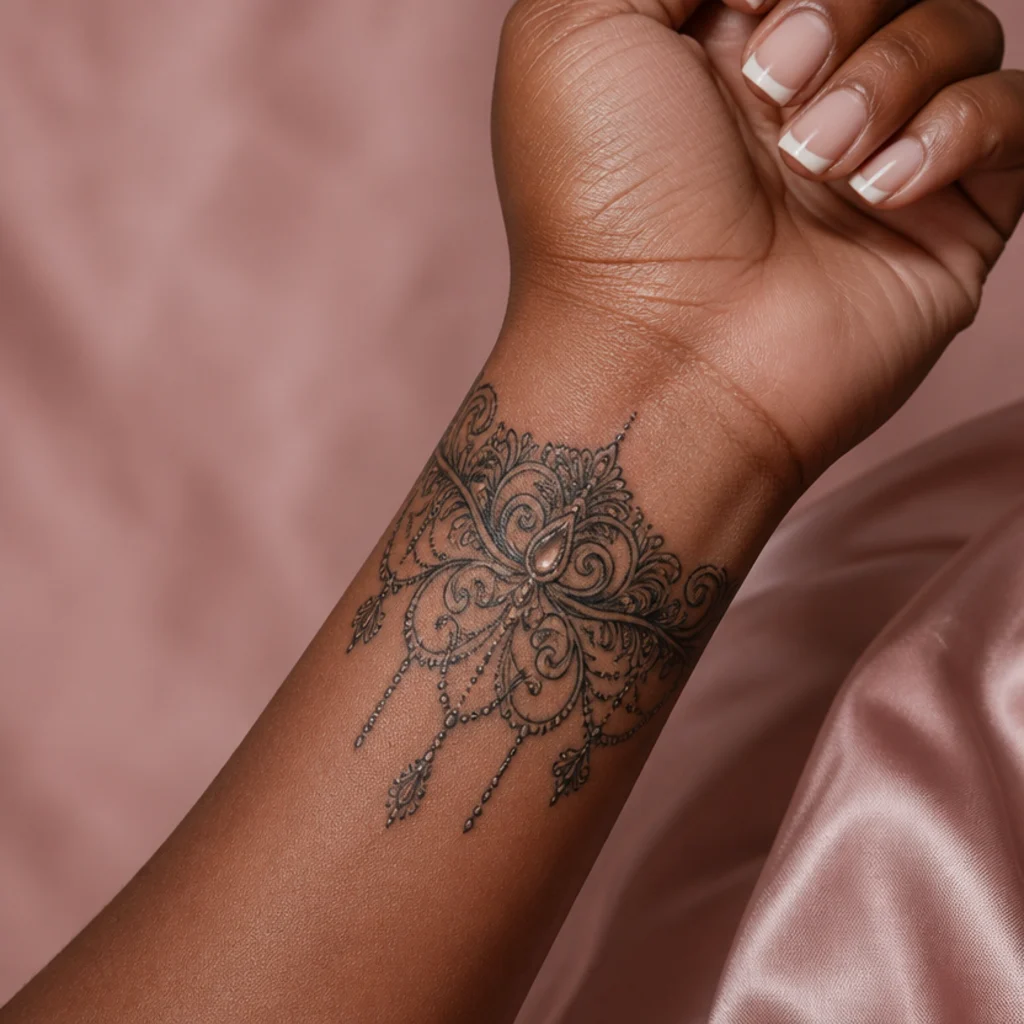 Symmetrical ornamental filigree tattoo with swirls, teardrops, and small illustrated gems circling the wrist in solid black