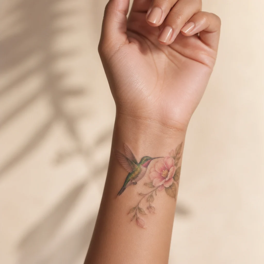 Hummingbird tattoo hovering beside a blossom on the inner wrist with iridescent green and soft pink shading and detailed wing feathers