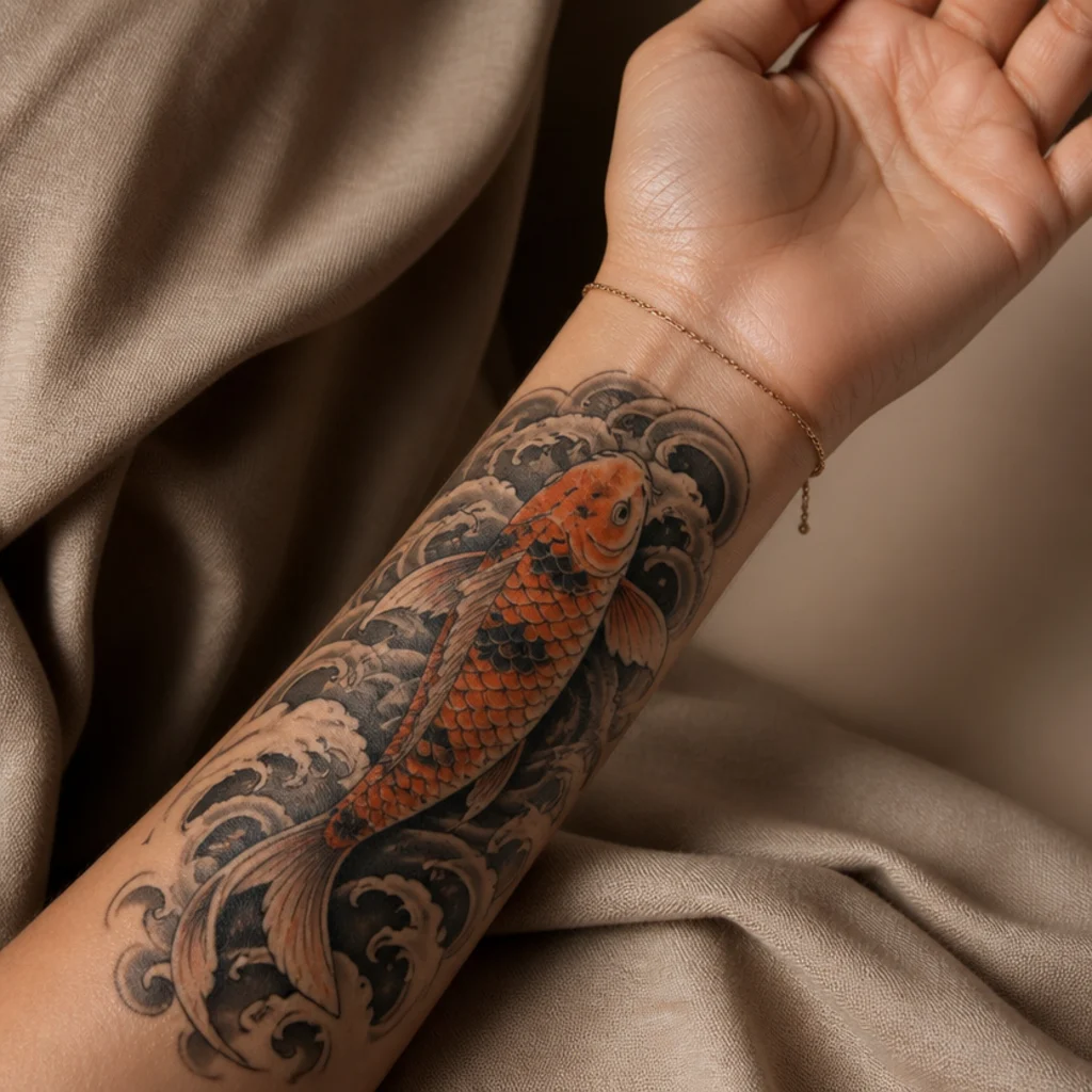 Koi fish tattoo swimming through stylized water on the wrist in orange, black, and grey with detailed ripple and splash work