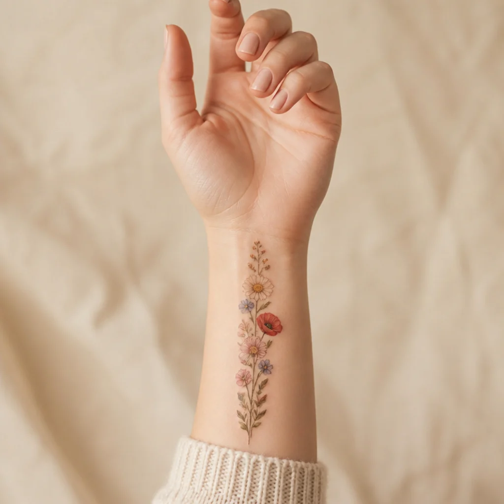 Vertical strip of assorted wildflowers tattoo running along the inner wrist in soft muted color and mixed fine and bold linework