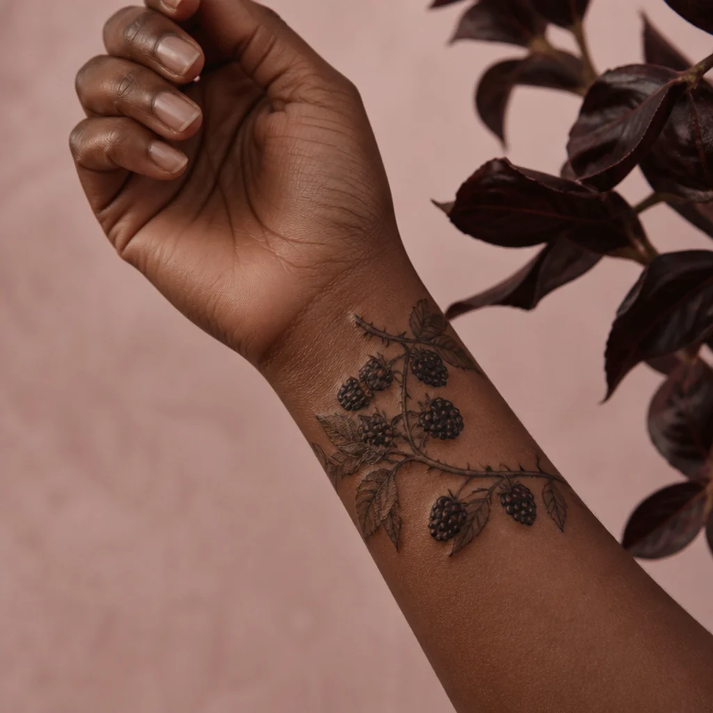Blackberry bramble tattoo with dark clustered berries, thorny stems, and leaves wrapping the wrist in deep purple and black