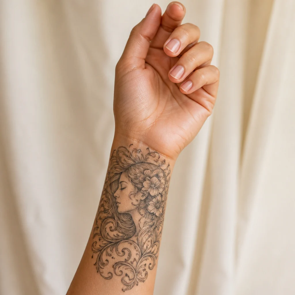 Art Nouveau style profile of a woman with flowing hair merging into flowers and ornamental swirls tattooed on the outer wrist in black and grey