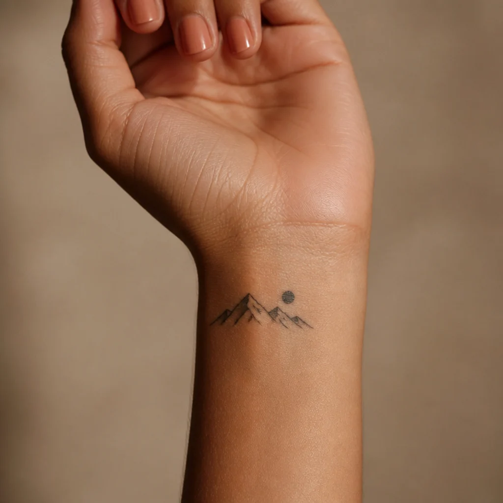 Minimalist mountain range tattoo with fine peaks and a small sun on the inner wrist in clean black linework with light slope shading