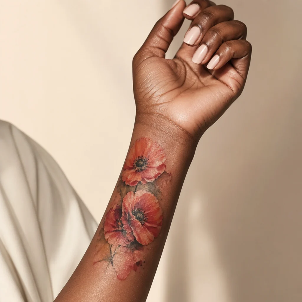 Layered watercolor poppy tattoo on the wrist in vivid red and coral with soft bleeding edges and dark black seed centers