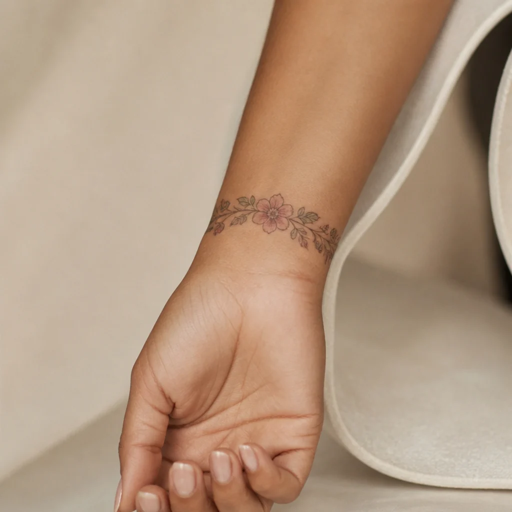 Woman's inner wrist showing a soft floral band cover up tattoo in muted blush and sage, photographed against a warm ivory background