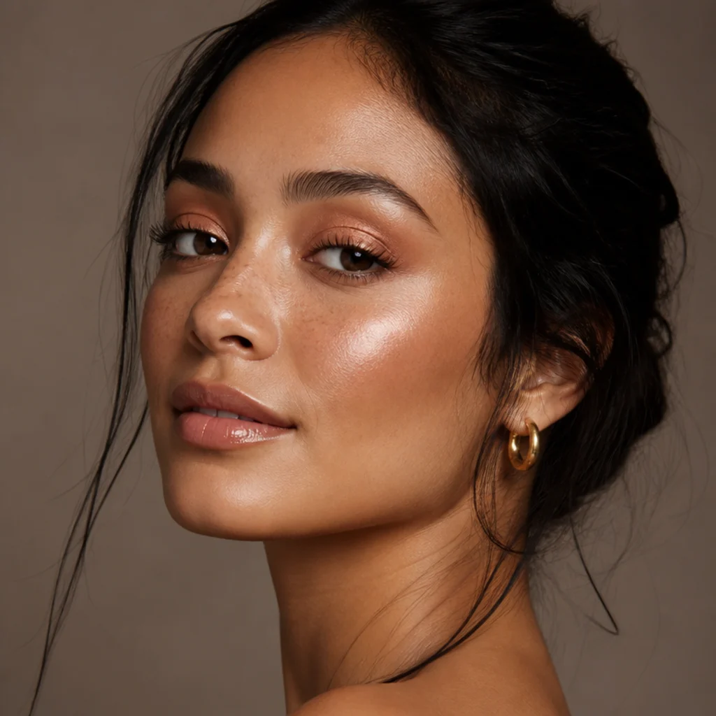 Three-quarter view of bronzed disco makeup with shimmering copper lids and dewy highlighted cheekbones in warm 70s glam light