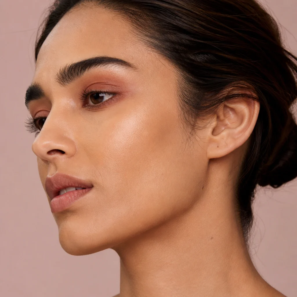Side profile showing a soft terracotta eyeshadow wash blended across the mobile lid and lower lash line for an easy 70s inspired makeup look