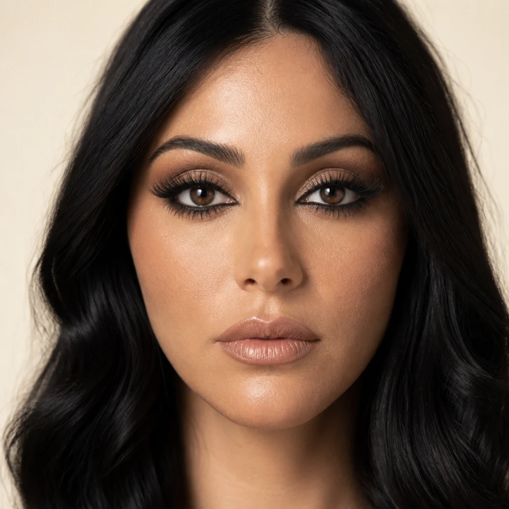 Front-facing dramatic Cher-inspired eye with long spiky lashes, deep crease shadow, and defined waterline, the signature cher makeup 70s look