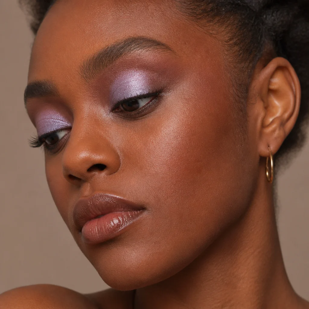 Close-up of frosted lilac shimmer eyeshadow on the lid with a cool sheen and soft mauve crease, a nostalgic 70s glam makeup pastel