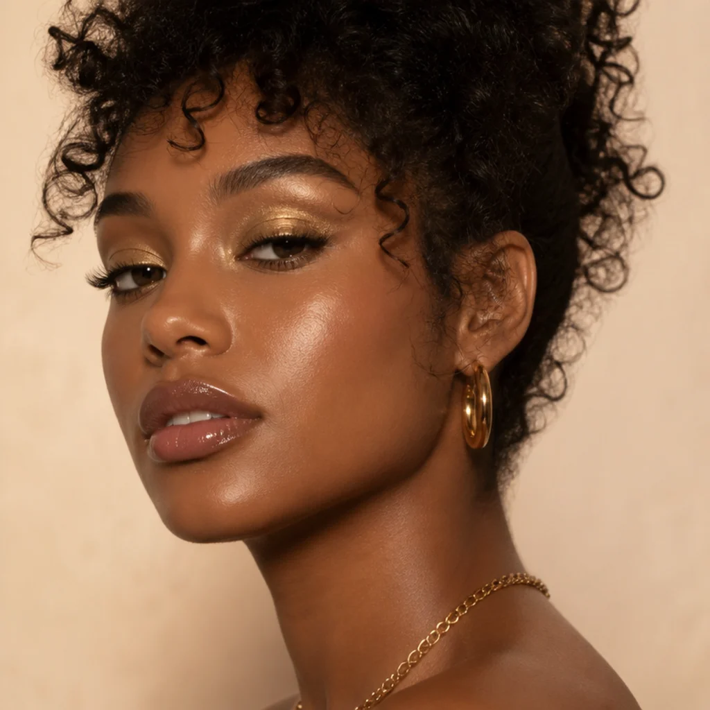 Three-quarter angle of high-shine golden shimmer eyeshadow with glowing skin and glossy lips under warm 70s disco light
