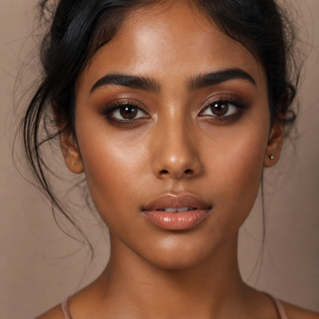 Front view of a warm russet smoky eye blended outward with soft edges and a nude glossy lip, a flattering 70s inspired makeup look