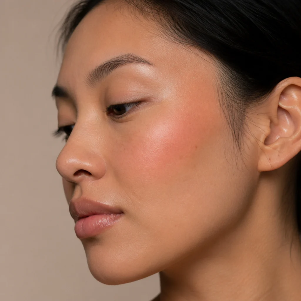 Side profile of a fresh peachy cream blush swept high on the cheekbone with a natural dewy finish, an easy 70s glam makeup flush