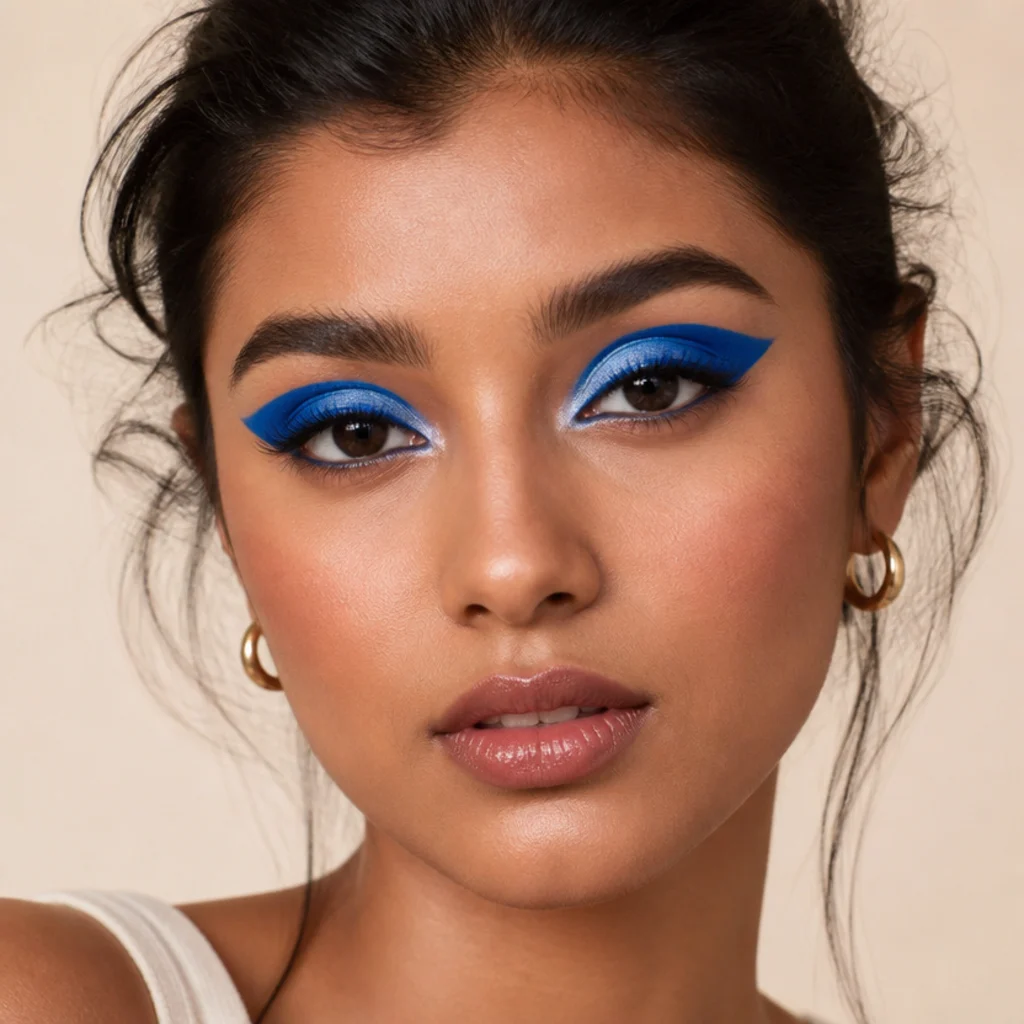 Front-facing bold electric blue cut crease with a sharp defined line and clean bright inner corner, a graphic 70s inspired makeup statement