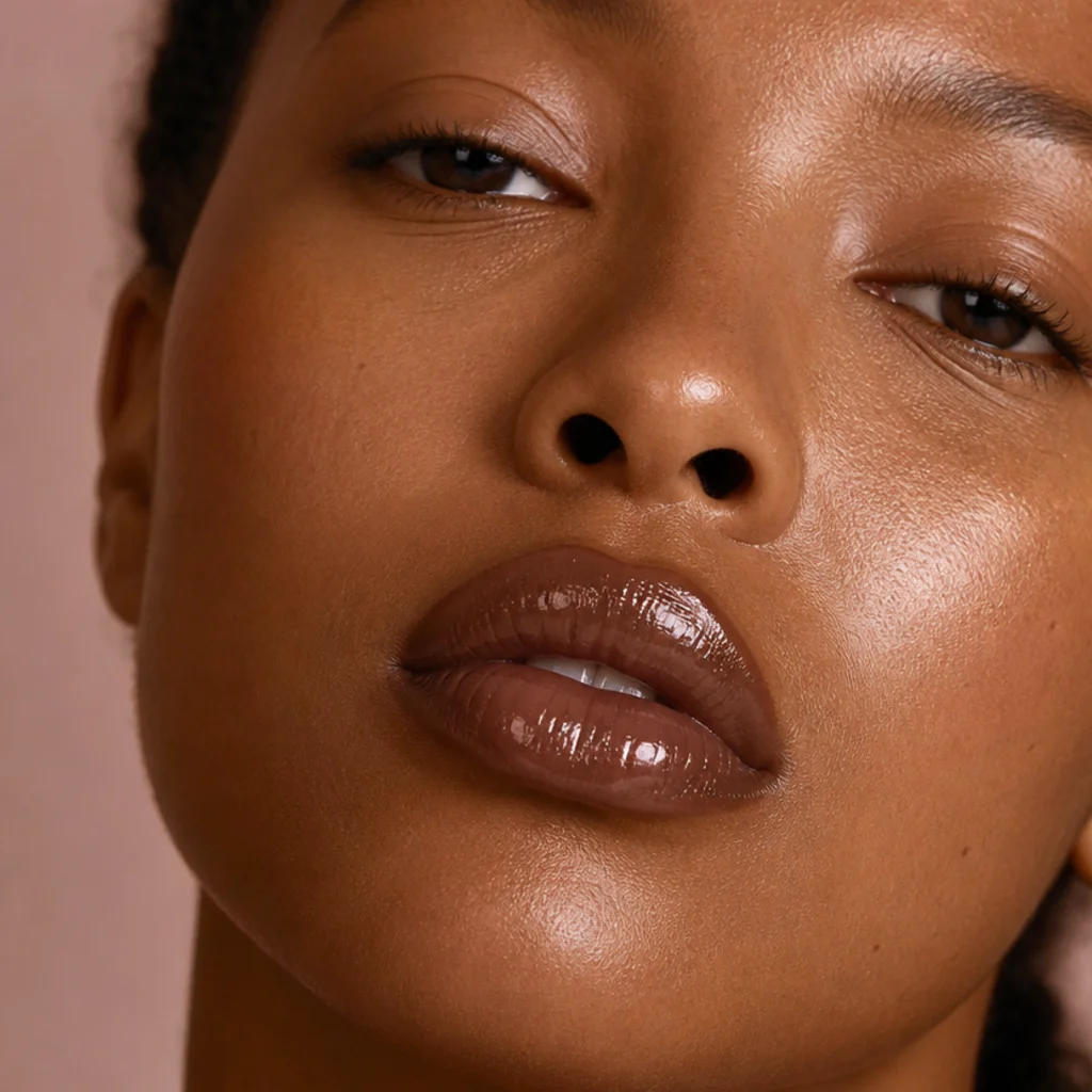 Close-up of a glossy chocolate-brown lip with a soft precise edge and a wet reflective sheen, a modern take on the cher makeup 70s brown lip