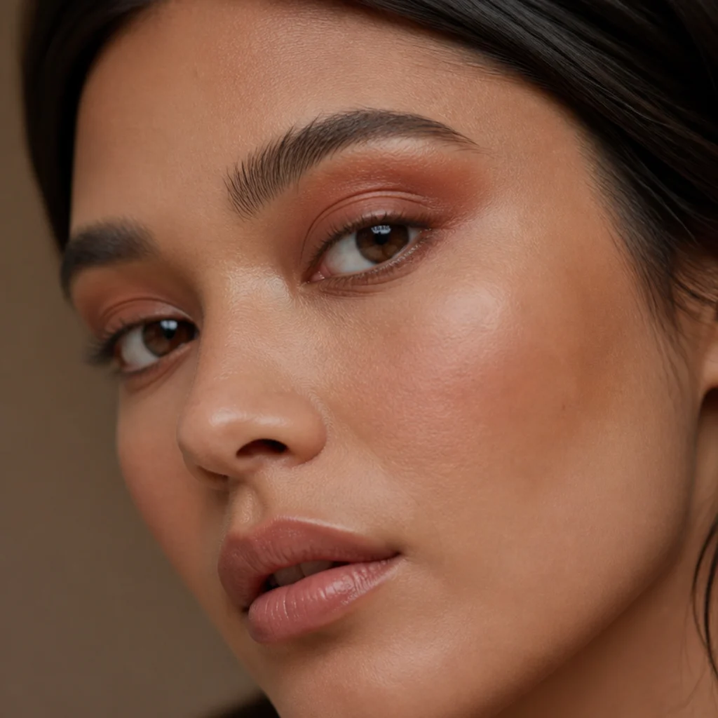 Three-quarter view of a matte rust eyeshadow softly diffused into the crease with velvety skin, a wearable 70s glam makeup neutral