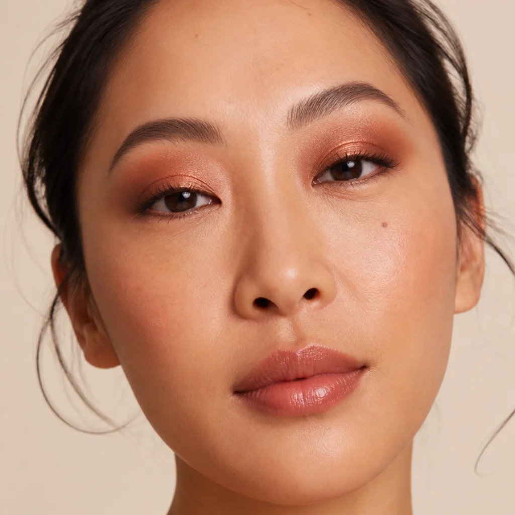 Front view of a copper foil halo eye with concentrated shimmer at the lid center and darker outer corners, a luminous 70s inspired makeup look
