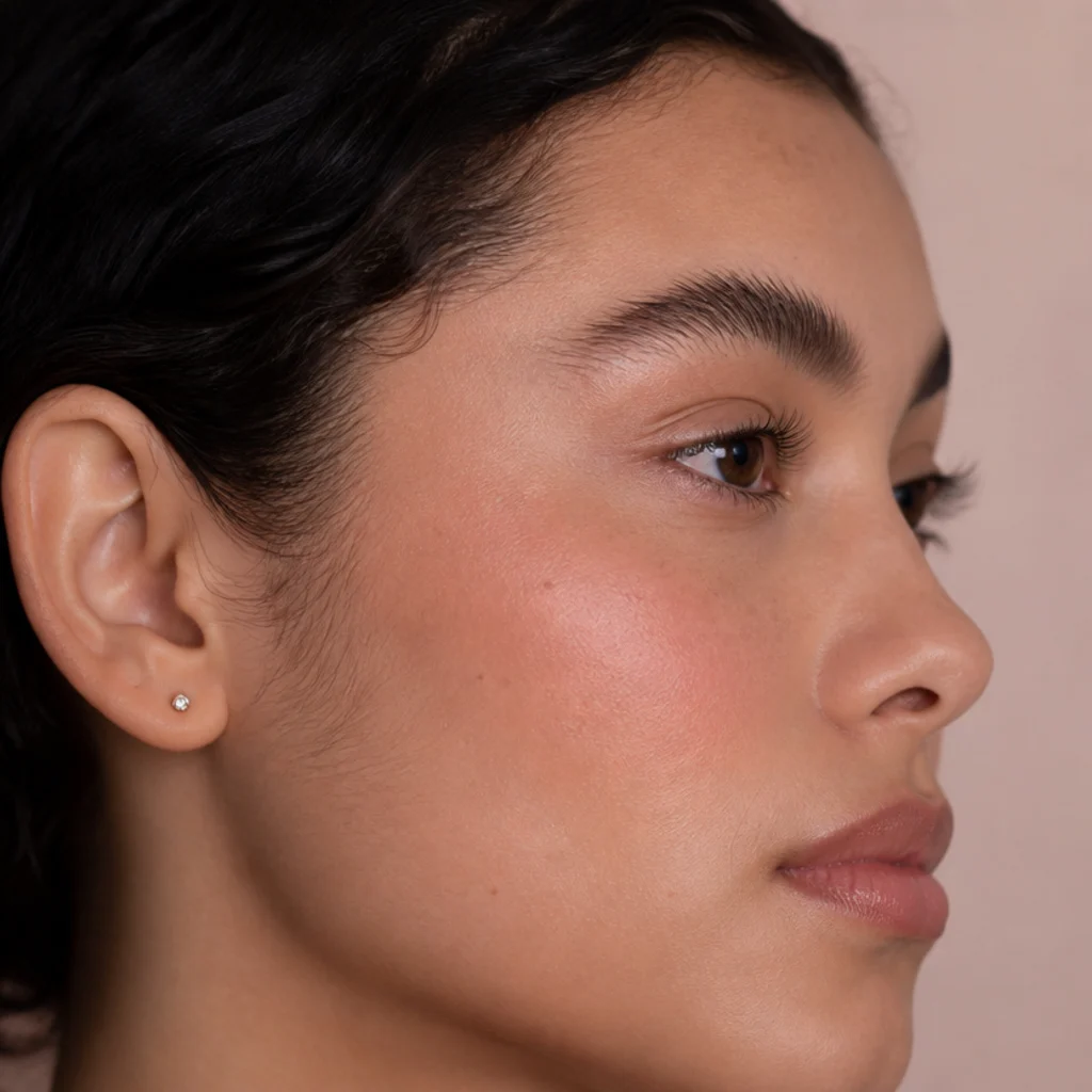 Side profile of full feathered brows brushed upward with natural hairs and a soft groomed arch, completing a 70s makeup and hair look