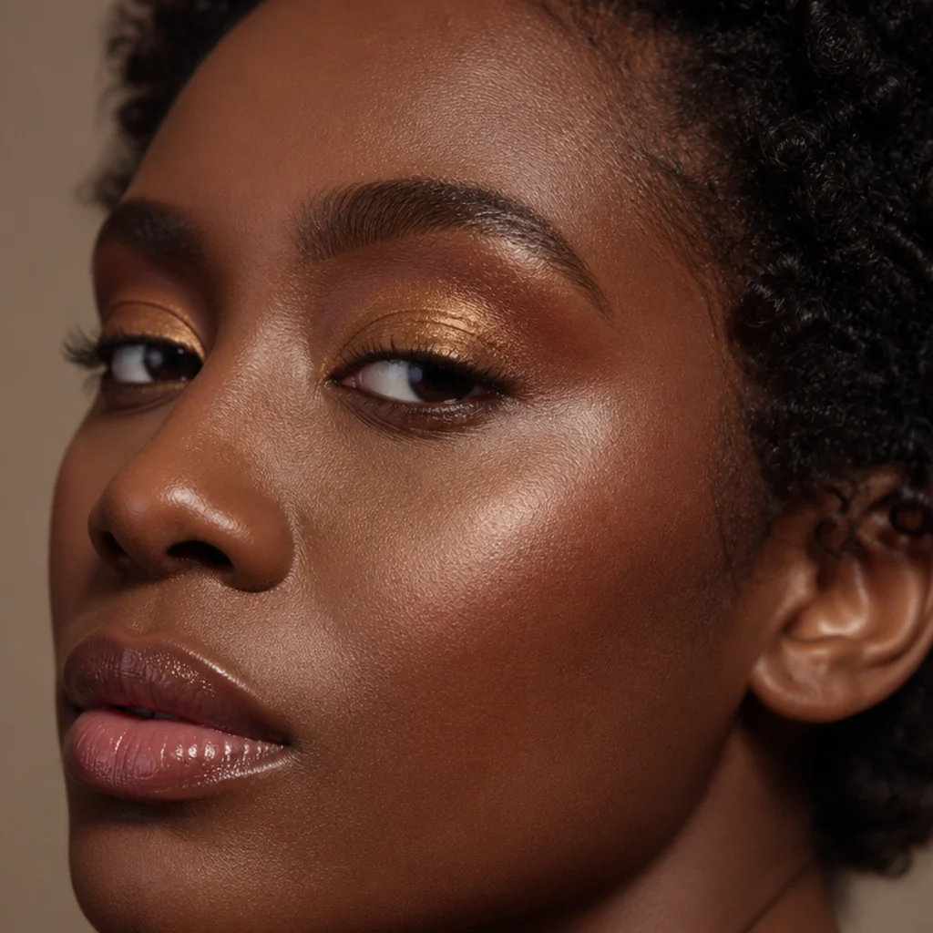 Close-up of an amber-gold duochrome eyeshadow shifting color across the lid under directional light, a dimensional 70s glam makeup finish