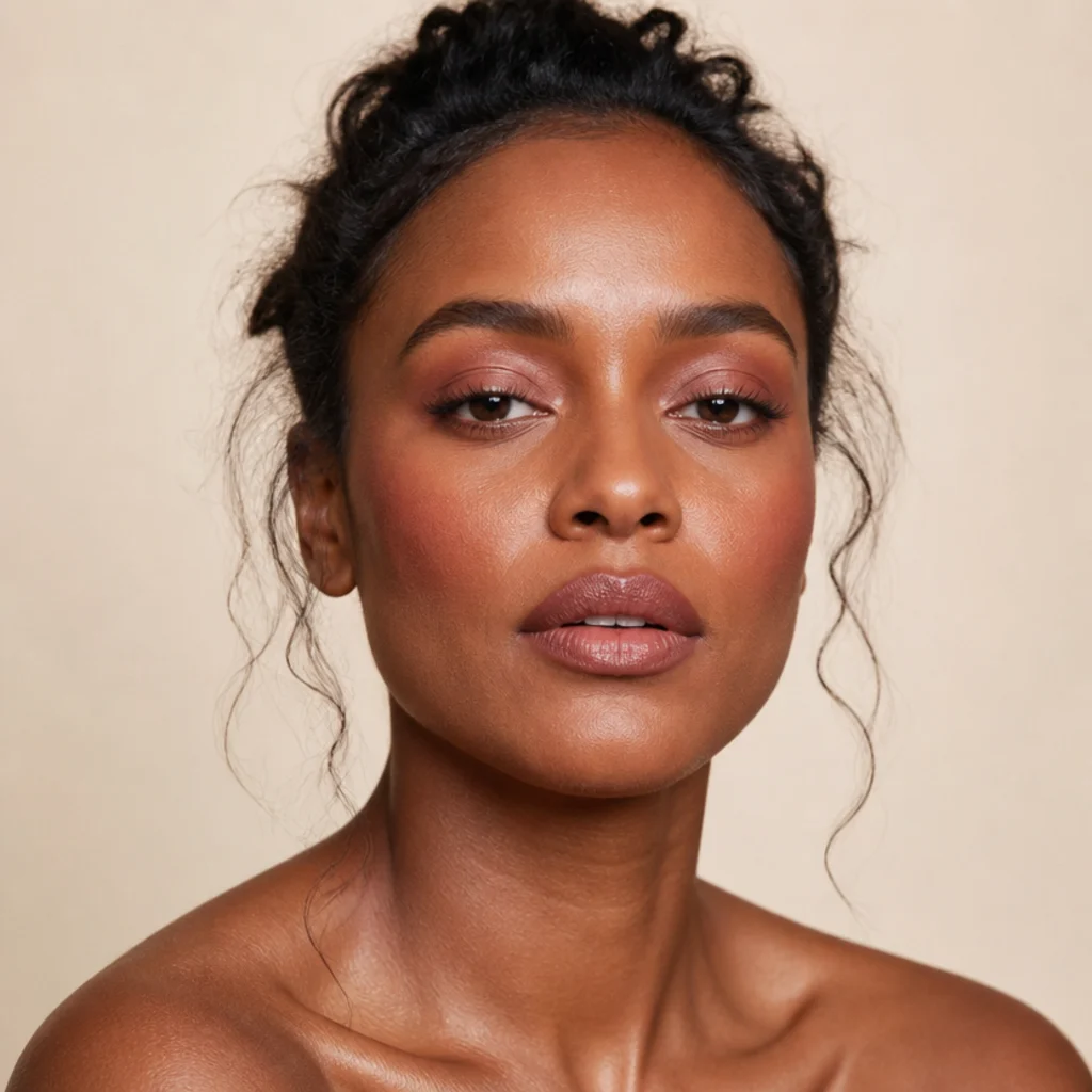 Front-facing rosewood monochrome look with matching soft shadow, blush, and lip in a dusty pink-brown tone, an effortless 70s inspired makeup idea