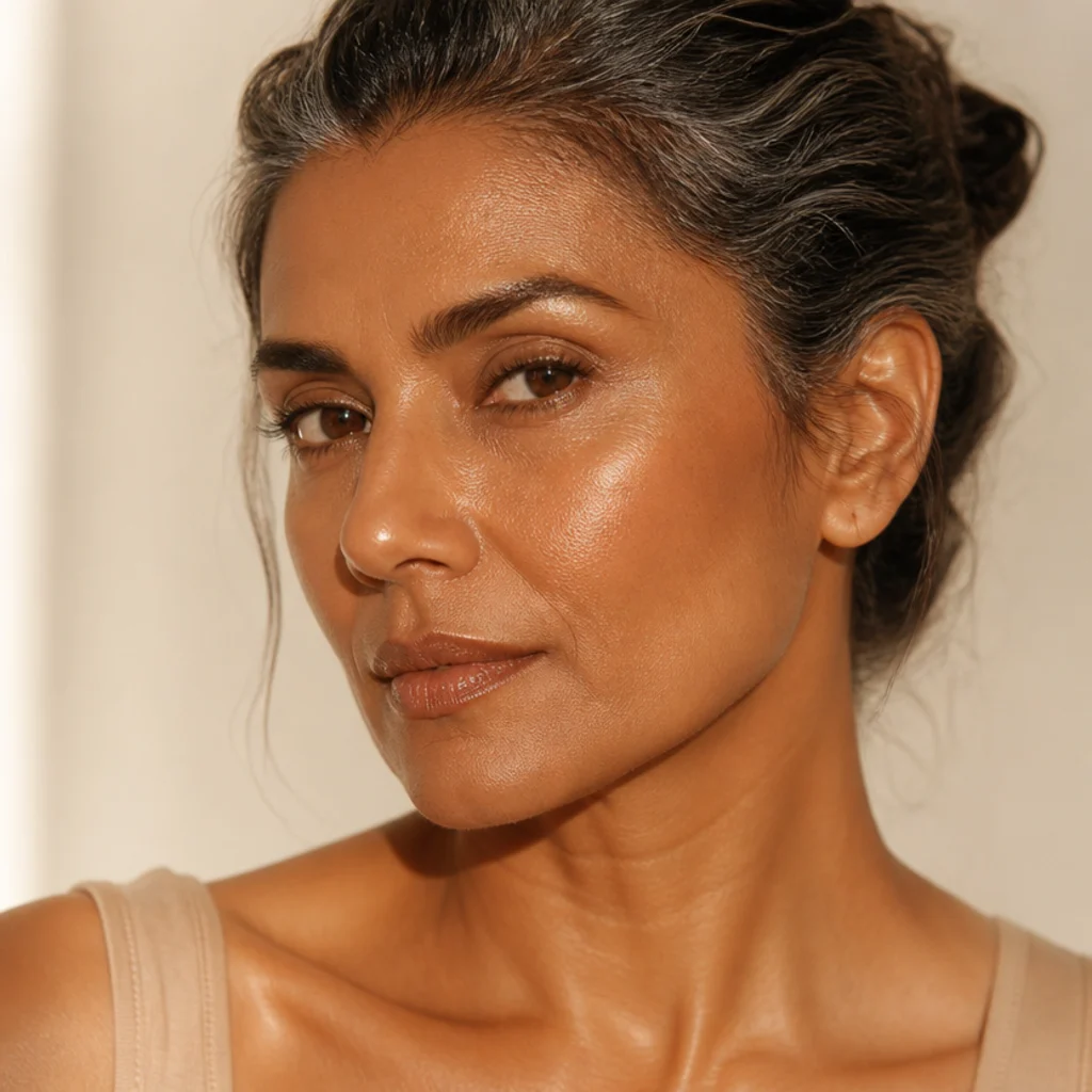 Three-quarter view of sun-drenched bronzed skin with warm sculpted cheeks and a natural radiant glow, the base of many 70s glam makeup looks