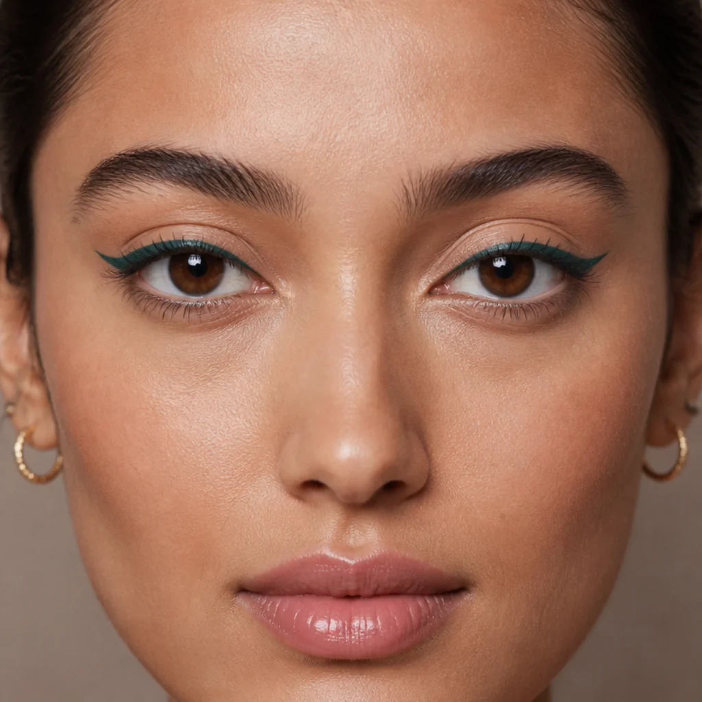 Front view of a graphic emerald green liner winged along the upper lash line with a glossy lid, a bold 70s inspired makeup pop of color