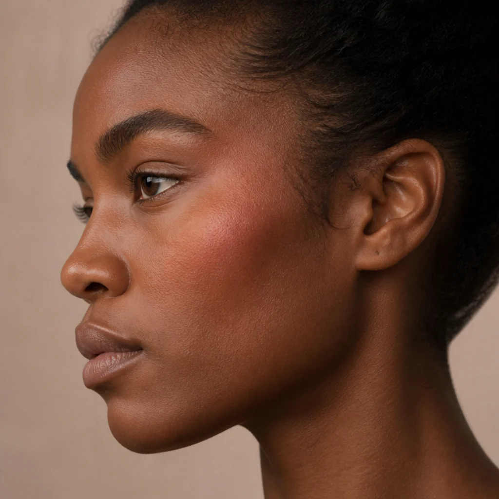 Side profile of apricot blush diffused softly across the cheek and toward the temple with a fresh finish, a warm 70s glam makeup flush