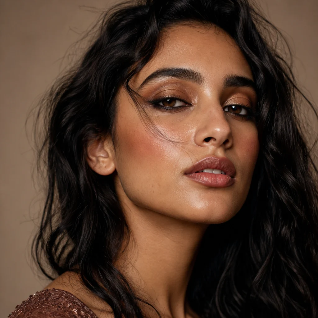 Three-quarter view of a bohemian bronze eye with smudged kohl along the lash line and tousled natural texture, a festival-ready 70s makeup and hair look
