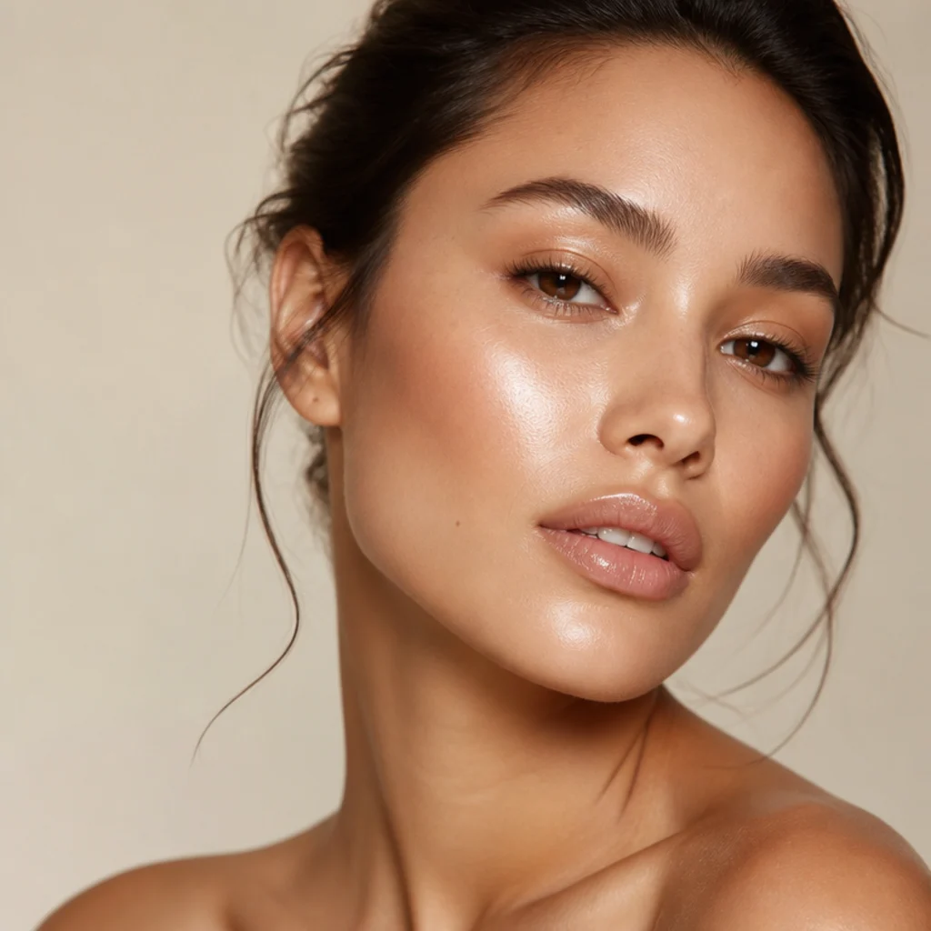 Front-facing look with champagne highlight on the cheekbones and brow bone paired with a soft nude lip, understated 70s glam makeup