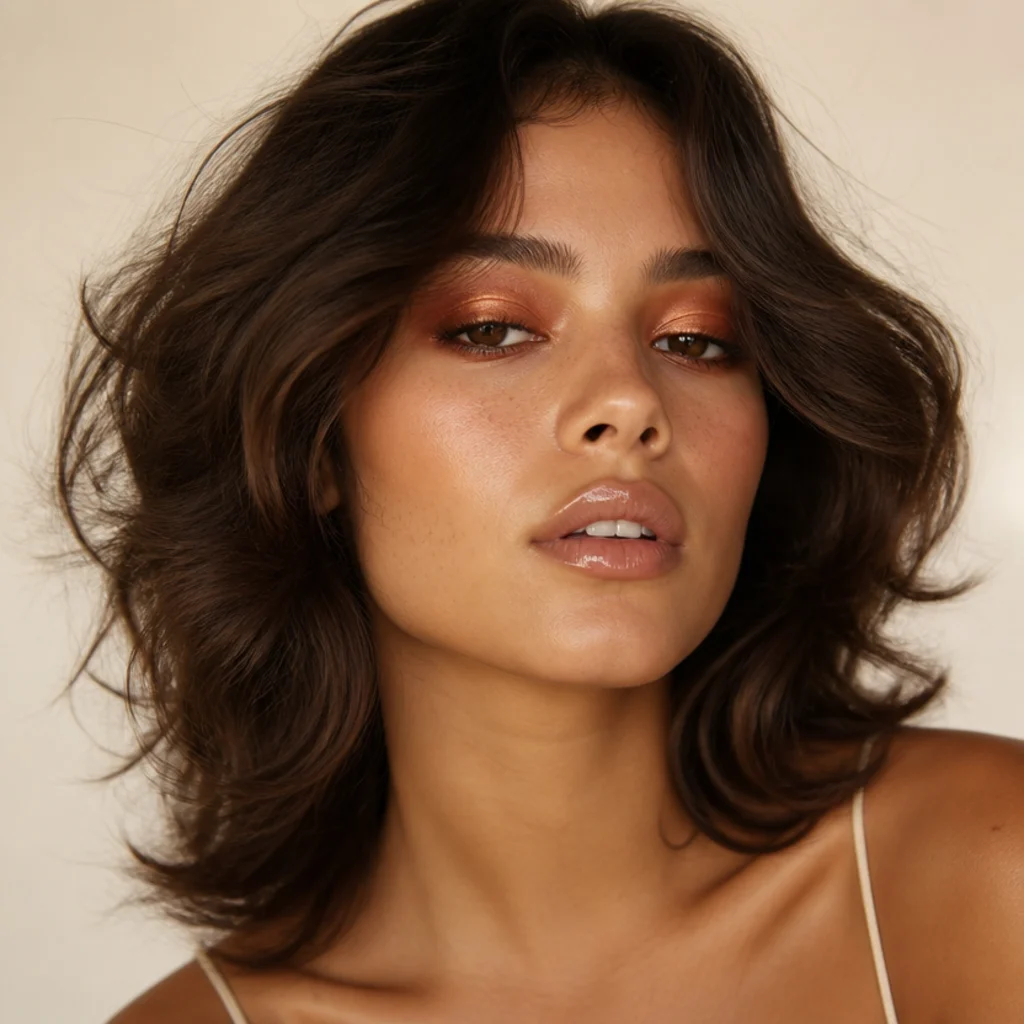 Model with bronzed disco-era eyes, warm terracotta lids, and glossy nude lips in soft studio light