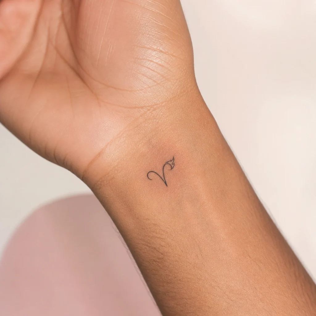 Small black aries glyph, two curved horns meeting at a stem with a single tapering flame curl, inked on the inner wrist of a light-brown arm