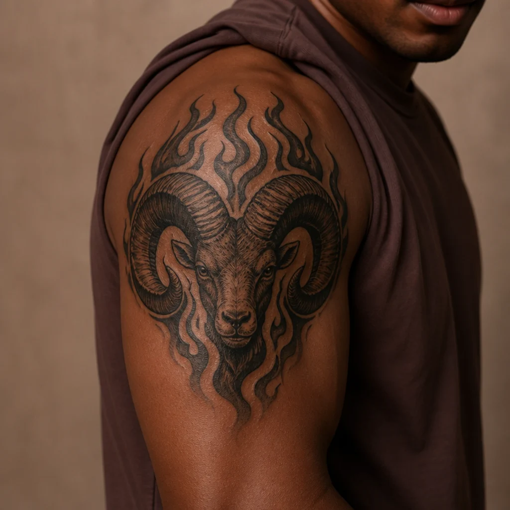 Bold blackwork ram head with heavy curled horns surrounded by upward negative-space flames on a muscular shoulder