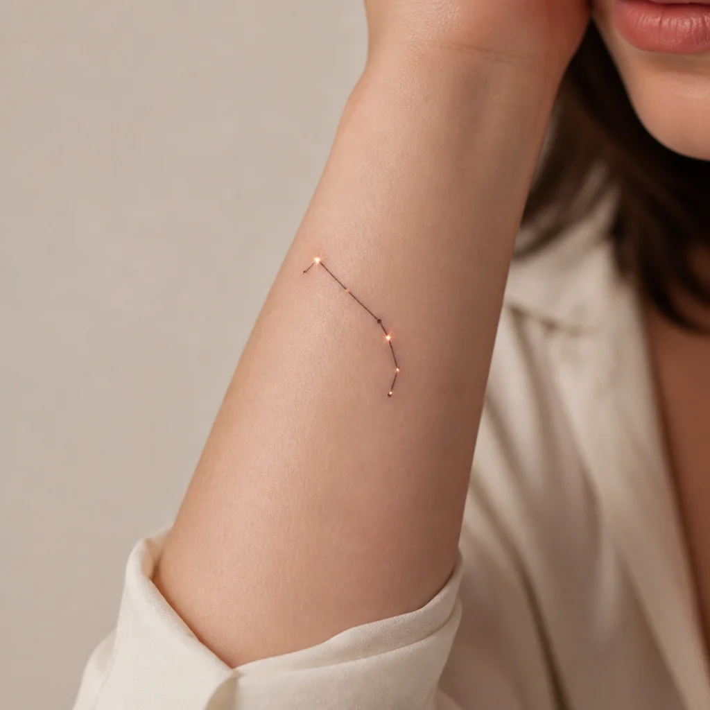 Delicate fine-line aries constellation of thin connected dots with tiny ember sparks along a forearm on fair skin