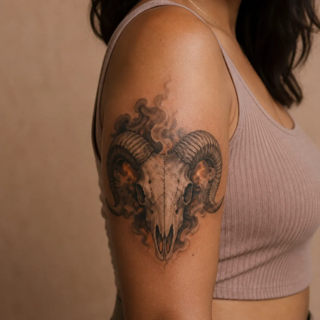 Detailed grayscale ram skull with smooth gradient shading and glowing orange ember accents in the eye sockets, inked across an upper arm