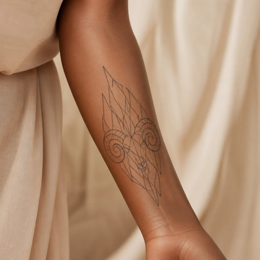 Symmetrical geometric ram horns with clean spiral curls framed by angular low-poly flame shapes on a forearm