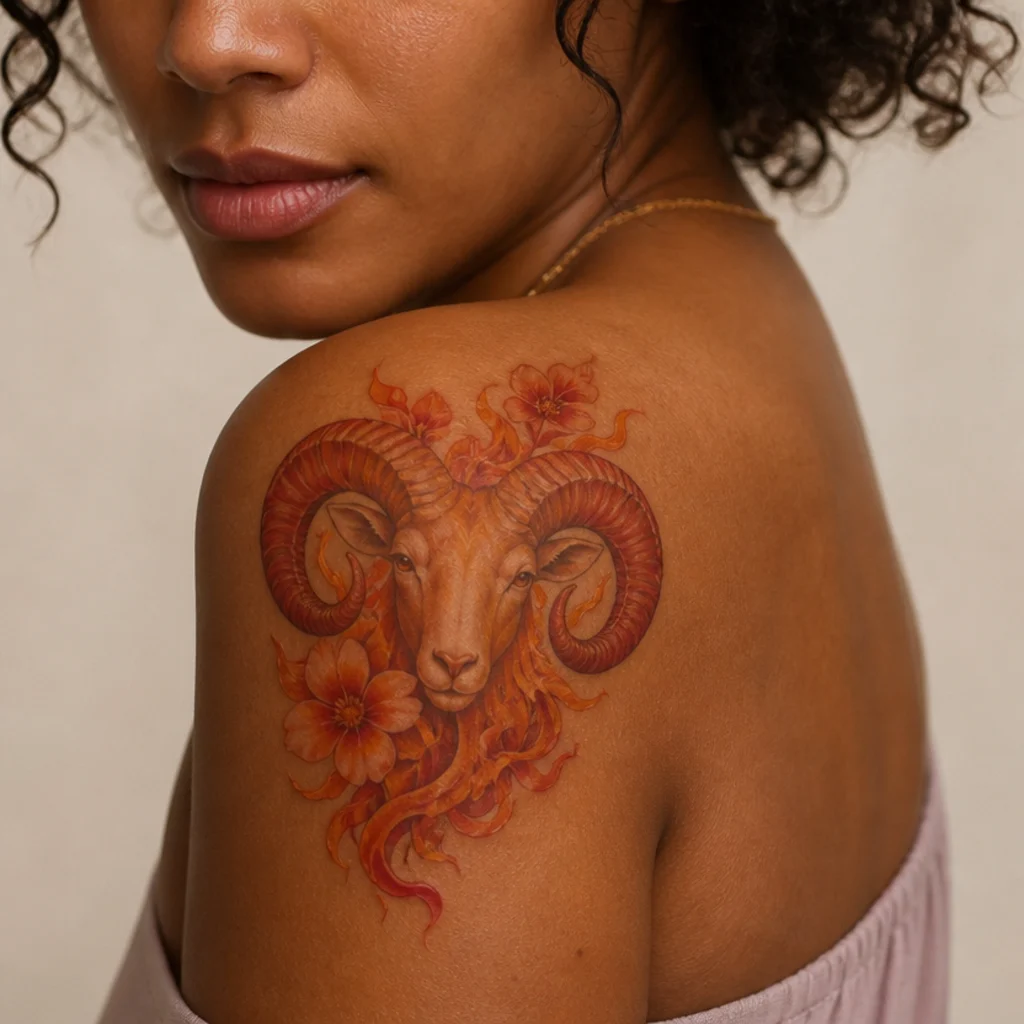 Red and orange floral aries tattoo where honeysuckle-style petals taper into small flame tips on a shoulder