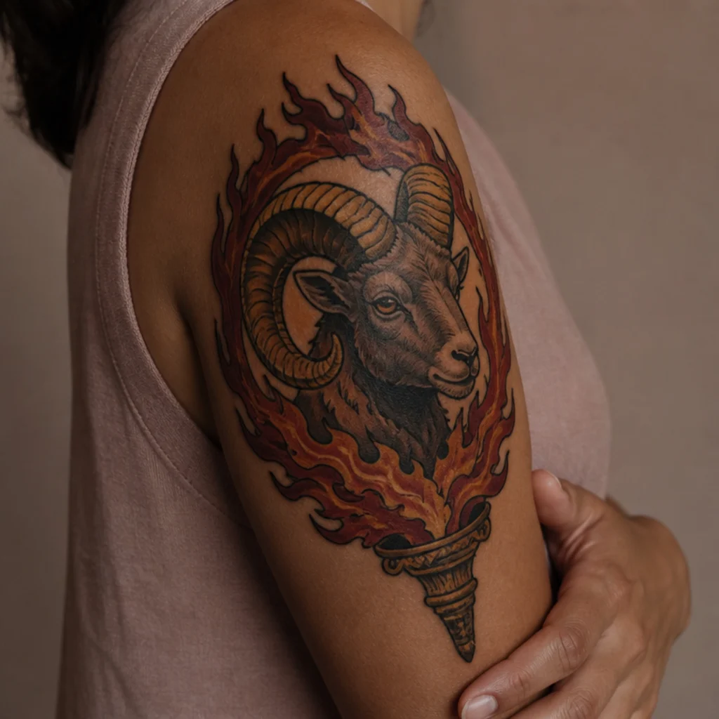 Neo-traditional ram illustration with bold outlines and rich reds and golds, framed by a burning torch on an upper arm