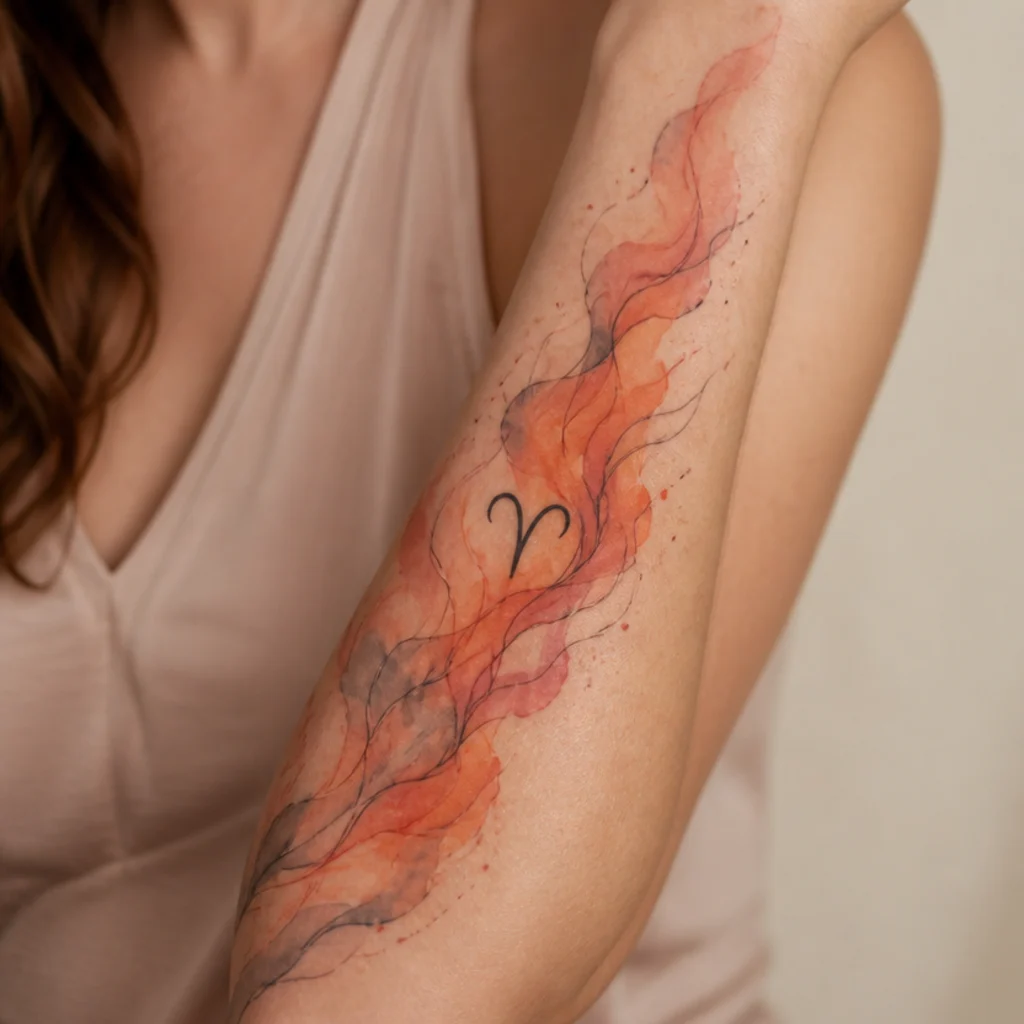 Watercolor-style flame half-sleeve washing orange and red across a forearm with a crisp solid-black aries glyph anchoring the design