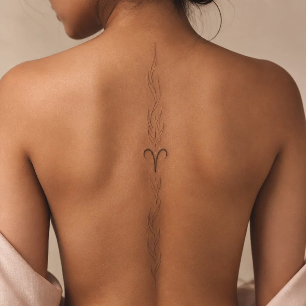 Vertical aries glyph with thin heat-haze linework rising from it, running along the center of a back