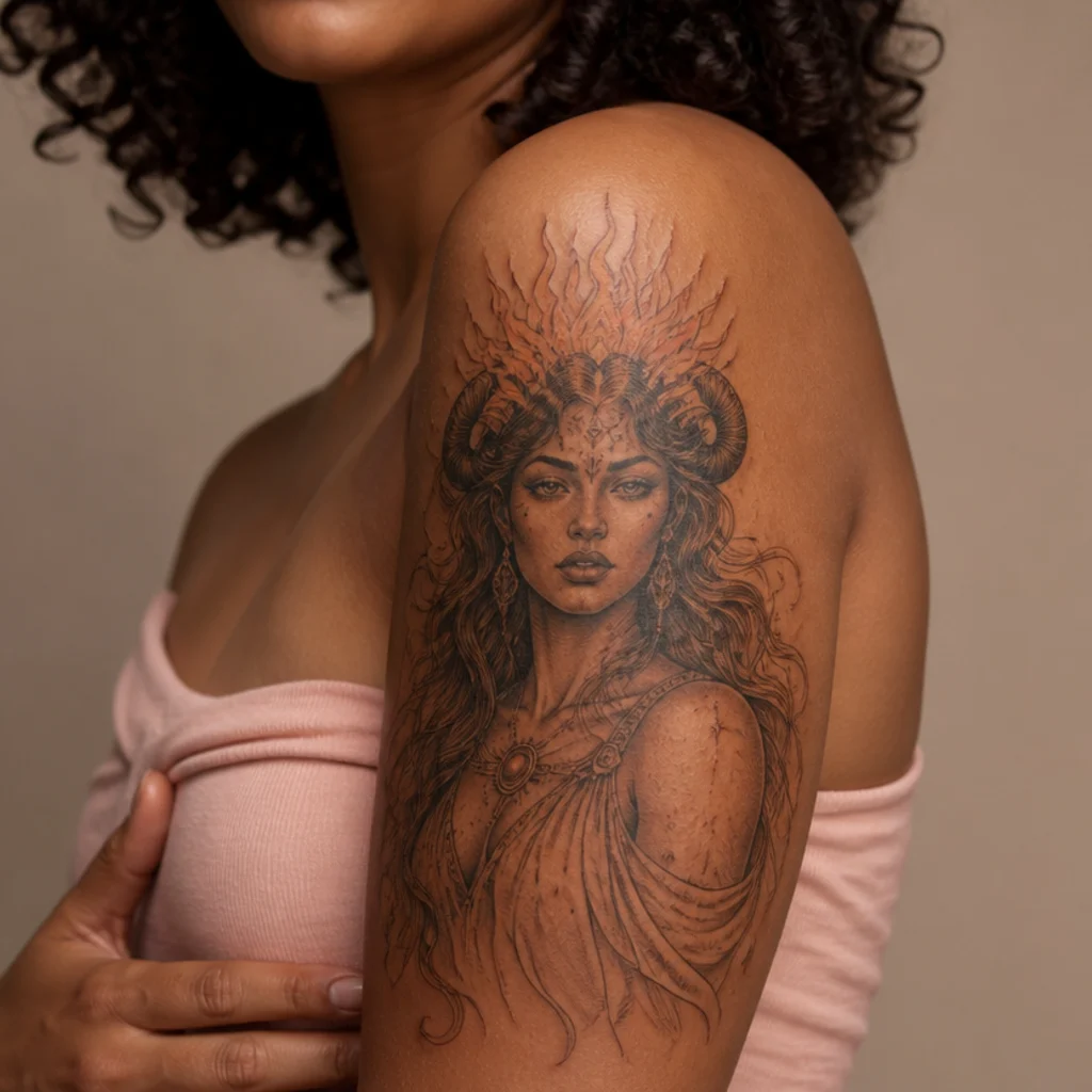 Illustrated aries goddess figure with flowing hair wearing a crown of flames, flanked by subtle ram horns, on an upper arm