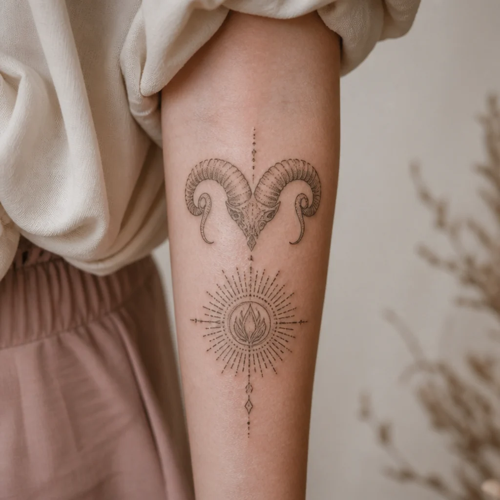 Stippled dotwork ram horns above a mandala-style sacred flame motif built entirely from fine points, on a forearm
