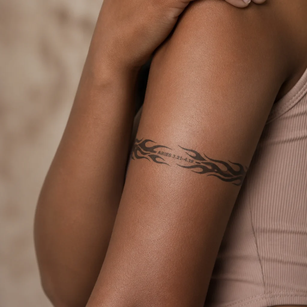Wraparound blackwork flame band circling a forearm with a discreet engraved aries date range worked into the design