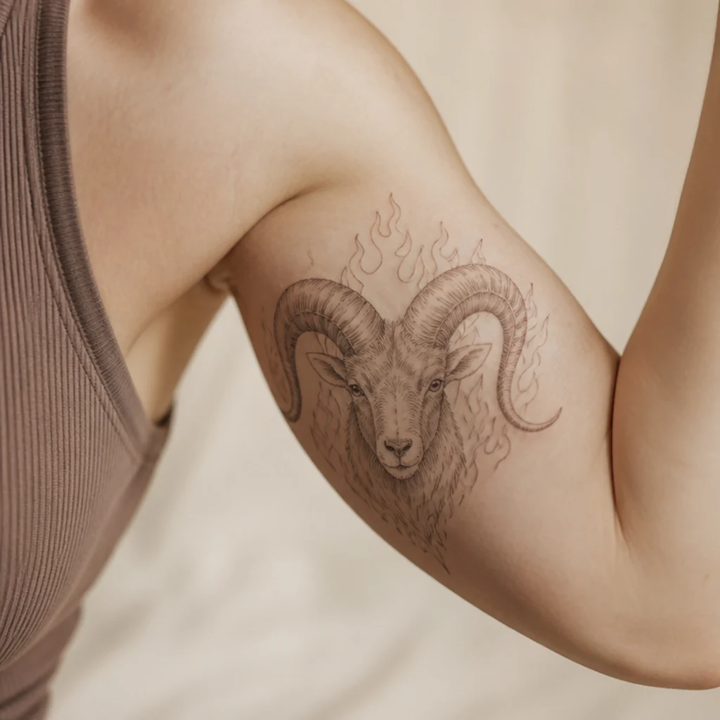 Fine cross-hatched etching-style ram head resembling a vintage engraving, with subtle flame lines behind the horns, on a bicep
