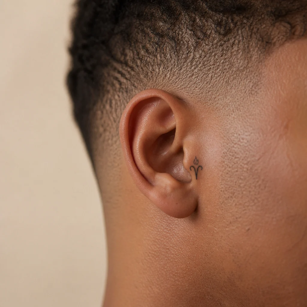 Tiny black aries glyph with a single flame spark inked behind the ear, just above a fresh fade haircut