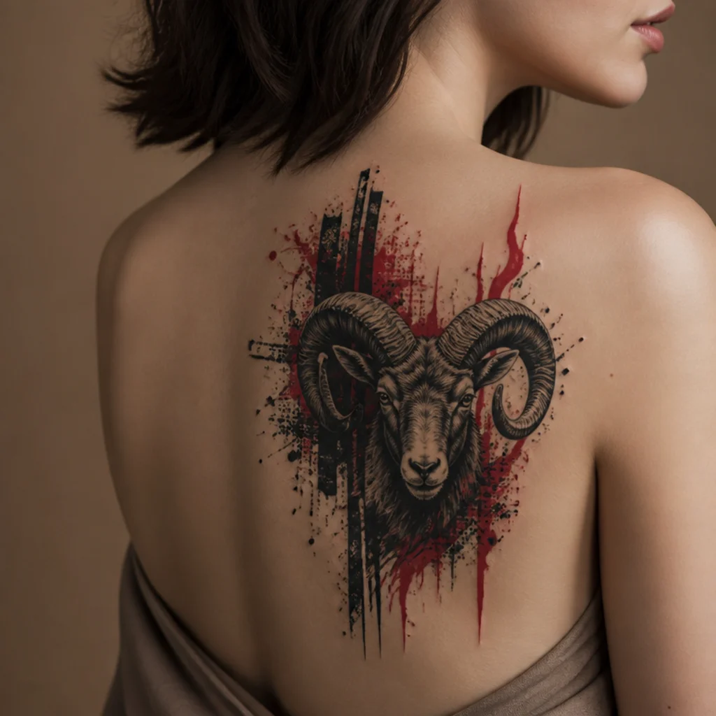 Bold black and red trash-polka ram head layered over abstract flame slashes and splatter across a shoulder blade