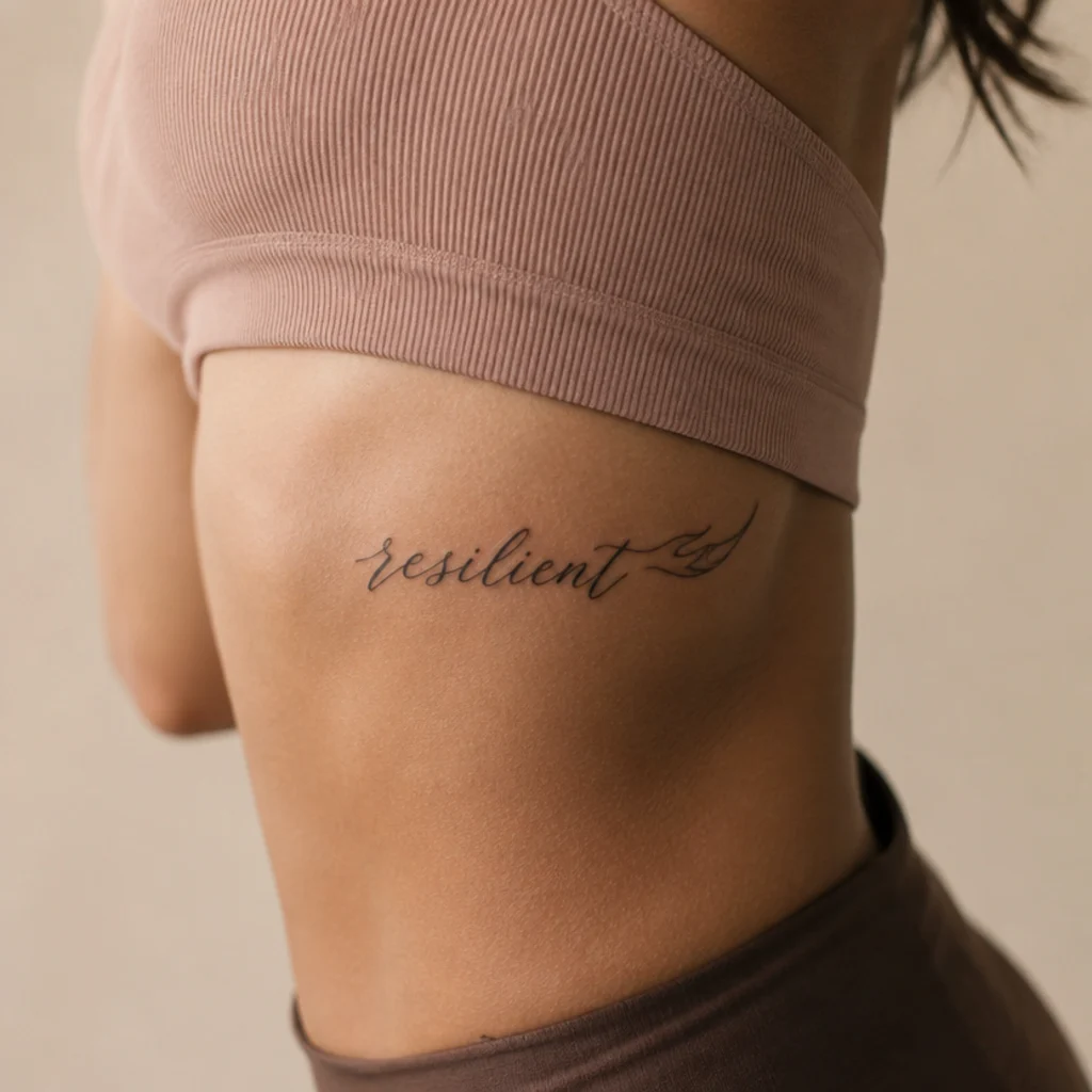 Elegant script reading Aries with a flame flourish trailing off the final letter, running along the rib cage on toned skin