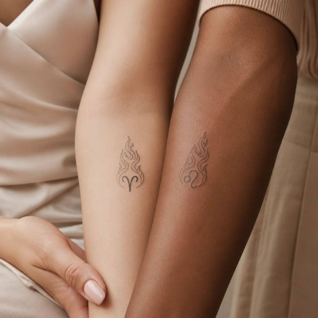Two small matching aries and leo fire glyphs linked by a shared flame, inked on paired forearms
