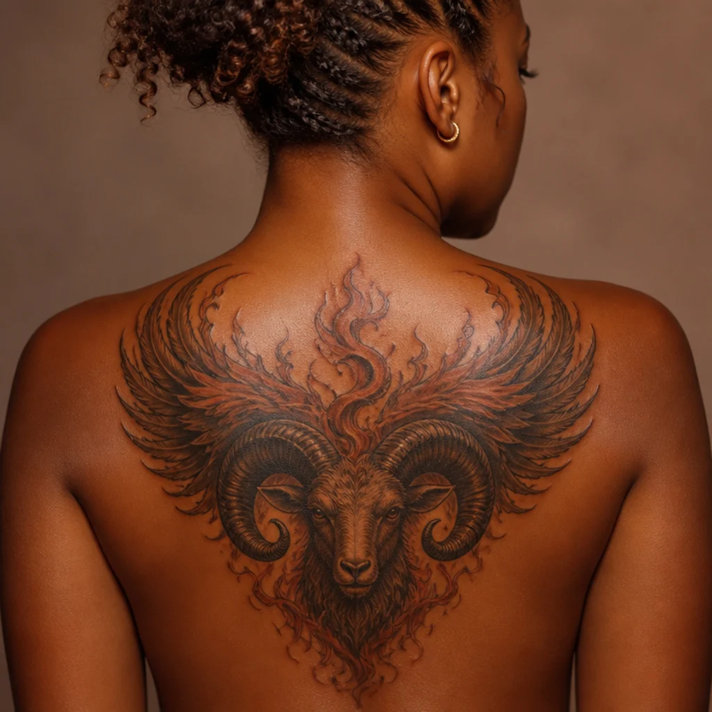 Ram head merging into rising phoenix wings made of flame, filling an upper back with a single continuous composition