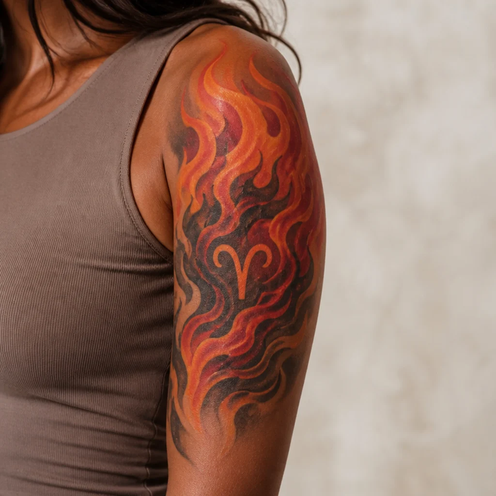 Full orange-to-black flame half-sleeve with a subtle aries glyph worked discreetly into the negative space