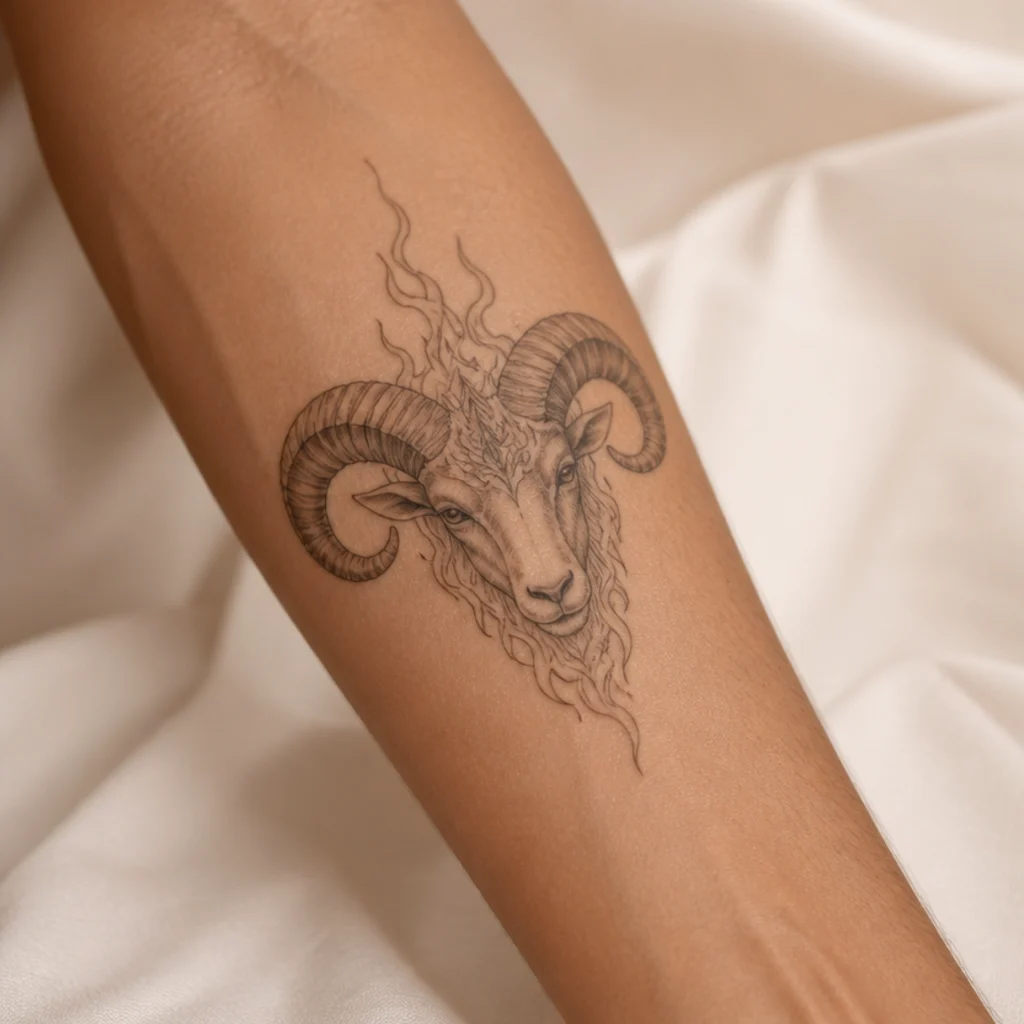 Muscular forearm with a bold blackwork aries ram tattoo wrapped in fine-line flames on warm-toned skin