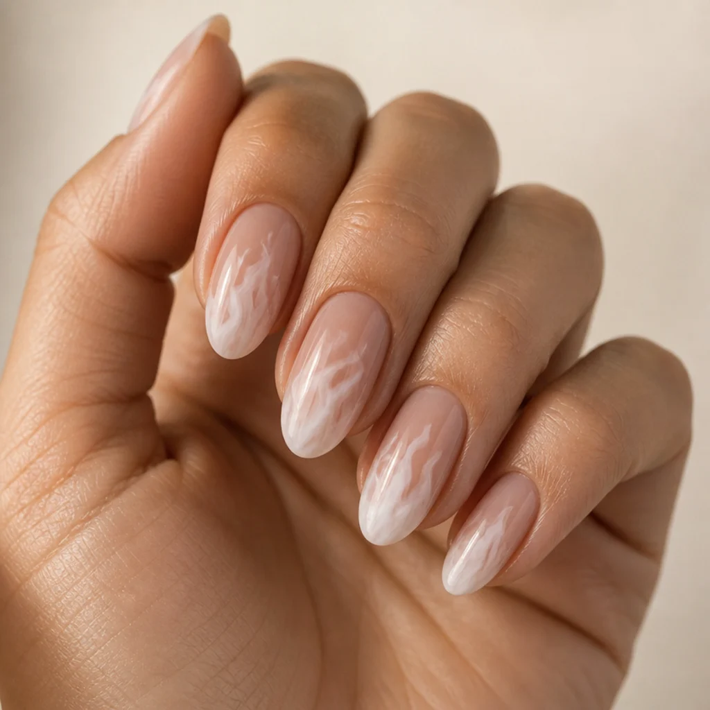 Almond nails with a soft white blooming gel smoke wash drifting inward from the free edge over a sheer nude base, macro on warm ivory